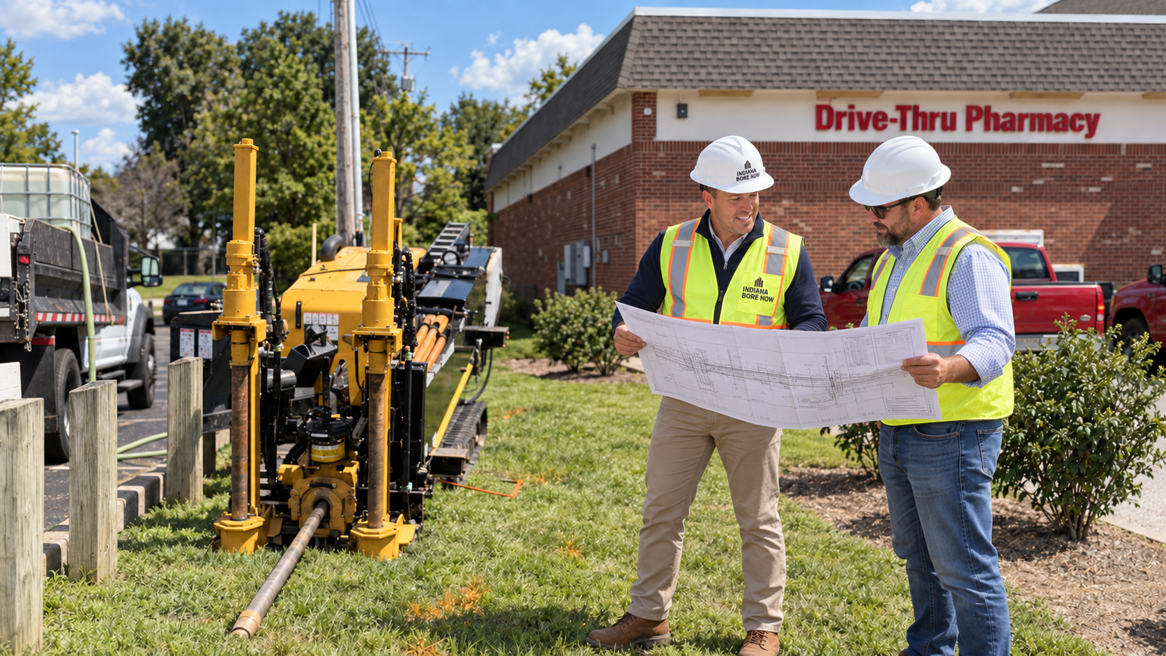 Edited scene of Casey Riggs and a client reviewing an open construction print together beside a yellow directional drill